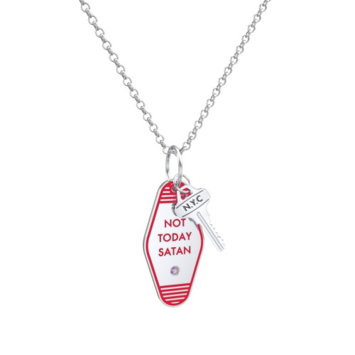 Not Today Satan Engravable Retro Keychain Charm Necklace with Accent - Red – Sterling Silver with Alexandrite
