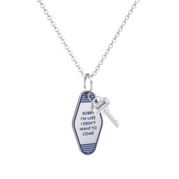 Sorry I'm Late Engravable Retro Keychain Charm Necklace - Dark Blue