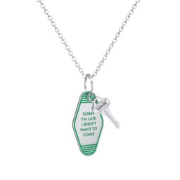 Sorry I'm Late Engravable Retro Keychain Charm Necklace - Green in 925 Sterling Silver with Cubic Zirconia
