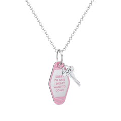 Sorry I'm Late Engravable Retro Keychain Charm Necklace - Pink