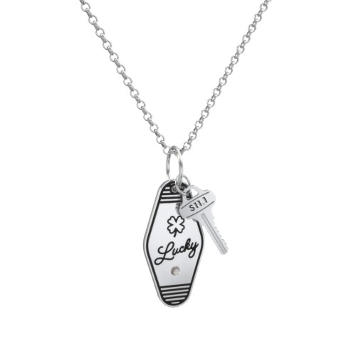 Lucky Engravable Retro Keychain Charm Necklace with Accent - Black – Sterling Silver with Smokey Quartz