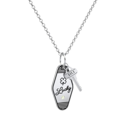 Lucky Engravable Retro Keychain Charm Necklace with Accent - Black – Sterling Silver with Peridot