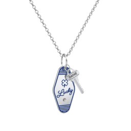 Lucky Engravable Retro Keychain Charm Necklace with Accent - Blue in 925 Sterling Silver with Smokey Quartz