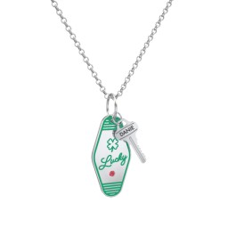 Lucky Engravable Retro Keychain Charm Necklace with Accent - Green in 925 Sterling Silver with Garnet