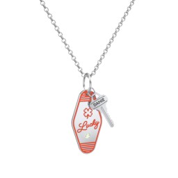 Lucky Engravable Retro Keychain Charm Necklace with Accent - Orange in 925 Sterling Silver with Peridot