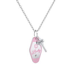 Lucky Engravable Retro Keychain Charm Necklace with Accent - Pink in 925 Sterling Silver with Smokey Quartz