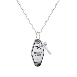 Free As A Bird Engravable Retro Keychain Charm Necklace with Accent - Black in 925 Sterling Silver with Amethyst