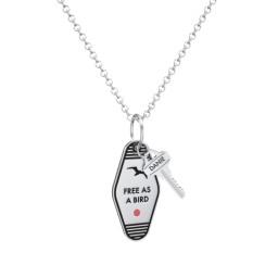 Free As A Bird Engravable Retro Keychain Charm Necklace with Accent - Black in 925 Sterling Silver with Garnet