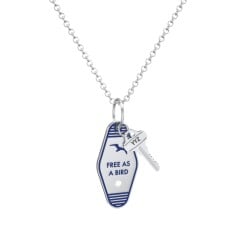 Free As A Bird Engravable Retro Keychain Charm Necklace with Accent - Blue