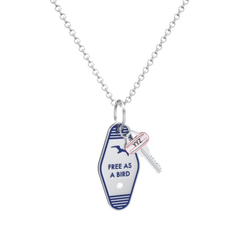 Free As A Bird Engravable Retro Keychain Charm Necklace with Accent - Blue – Sterling Silver with Cubic Zirconia