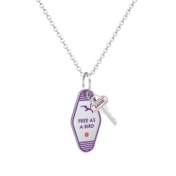 Free As A Bird Engravable Retro Keychain Charm Necklace with Accent - Purple