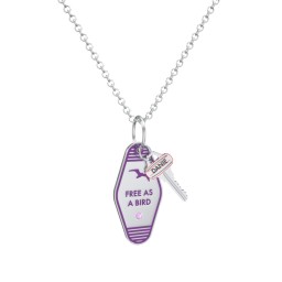 Free As A Bird Engravable Retro Keychain Charm Necklace with Accent - Purple in 925 Sterling Silver with Amethyst