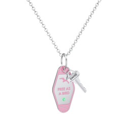 Free As A Bird Engravable Retro Keychain Charm Necklace with Accent - Pink