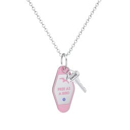 Free As A Bird Engravable Retro Keychain Charm Necklace with Accent - Pink