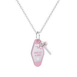 Free As A Bird Engravable Retro Keychain Charm Necklace with Accent - Pink