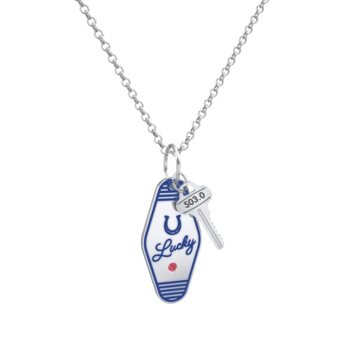 Lucky Horseshoe Engravable Retro Keychain Charm Necklace with Accent - Blue
