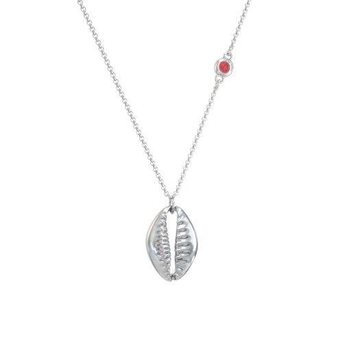 Coffee Bean Shell Necklace with Bezel Set Gemstone – Sterling Silver with Garnet