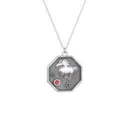 Year of the Horse Engravable Zodiac Medallion Necklace in 925 Sterling Silver with Garnet