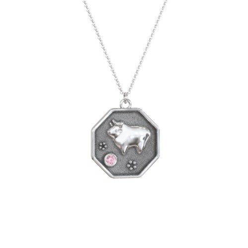 Year of the Ox Engravable Zodiac Medallion Necklace – Sterling Silver with Pink Tourmaline