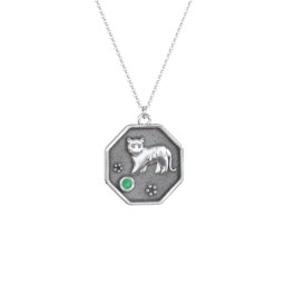 Year of the Tiger Engravable Zodiac Medallion Necklace in 925 Sterling Silver with Emerald
