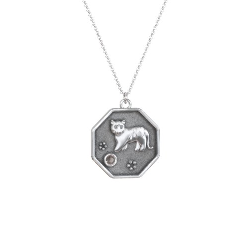 Year of the Tiger Engravable Zodiac Medallion Necklace – Sterling Silver with Smokey Quartz