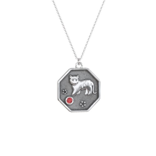 Year of the Tiger Engravable Zodiac Medallion Necklace – Sterling Silver with Garnet