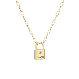 Engravable Lock Necklace with Gemstone in 18K Gold Plated Silver with Amethyst