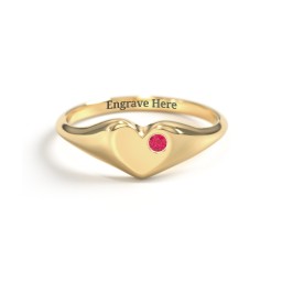 Initial Heart Signet Ring with Gemstone in 14K Solid Yellow Gold with Ruby