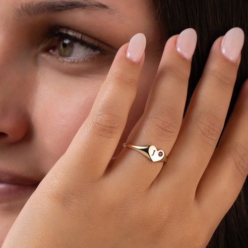 Initial Heart Signet Ring with Gemstone