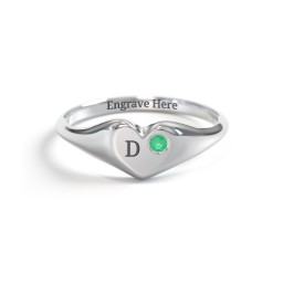 Initial Heart Signet Ring with Gemstone in 925 Sterling Silver with Emerald
