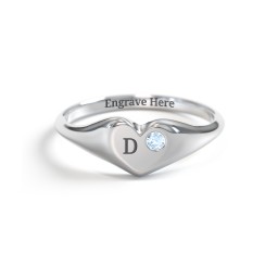 Initial Heart Signet Ring with Gemstone in 925 Sterling Silver with Blue Topaz
