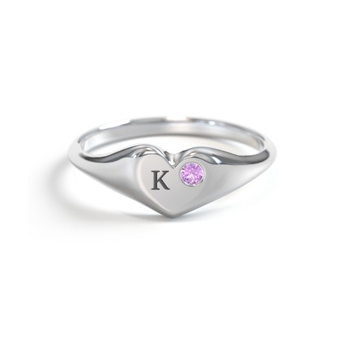 Initial Heart Signet Ring with Gemstone – Sterling Silver with Amethyst