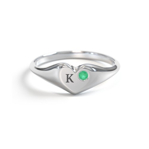 Initial Heart Signet Ring with Gemstone – Sterling Silver with Emerald