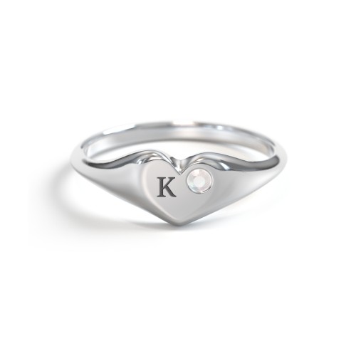 Initial Heart Signet Ring with Gemstone – Sterling Silver with Opal