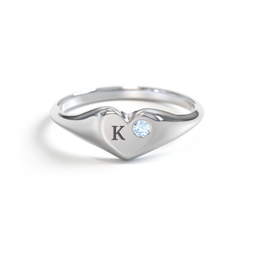 Initial Heart Signet Ring with Gemstone – Sterling Silver with Blue Topaz
