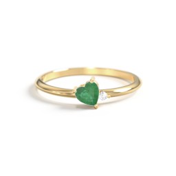 Dainty Diagonal Gemstone Heart Ring with Accent in 18K Gold Plated Silver with Emerald and Cubic Zirconia