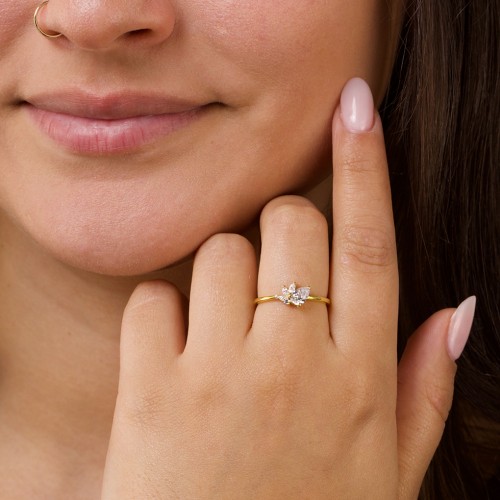 Tilted Pear Gemstone Ring with Cluster Accents – 10K Yellow Gold with Lab Diamond and Diamond