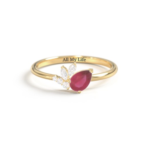 Tilted Pear Gemstone Ring with Cluster Accents – 10K Yellow Gold with Ruby and Cubic Zirconia