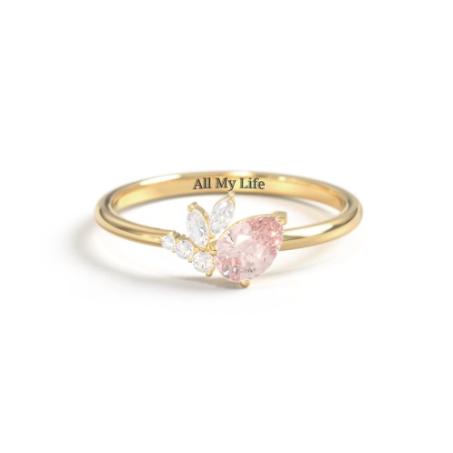 Tilted Pear Gemstone Ring with Cluster Accents – 10K Yellow Gold with Morganite and Cubic Zirconia