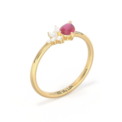 Tilted Pear Gemstone Ring with Cluster Accents – 10K Yellow Gold with Ruby and Cubic Zirconia