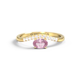 East-West Oval Gemstone Curved Ring with Accents in 10K Solid Yellow Gold with Pink Tourmaline and Cubic Zirconia