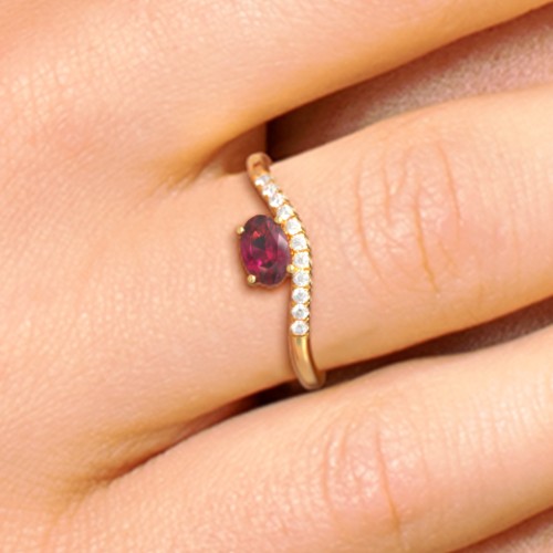 East-West Oval Gemstone Curved Ring with Accents – 10K Yellow Gold with Lab Diamond and Diamond