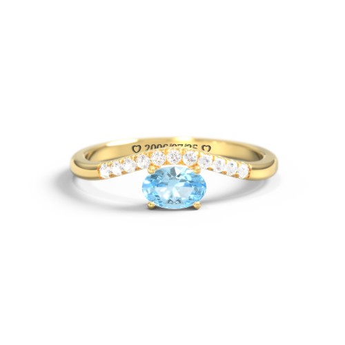 East-West Oval Gemstone Curved Ring with Accents – 10K Yellow Gold with Blue Topaz and Cubic Zirconia