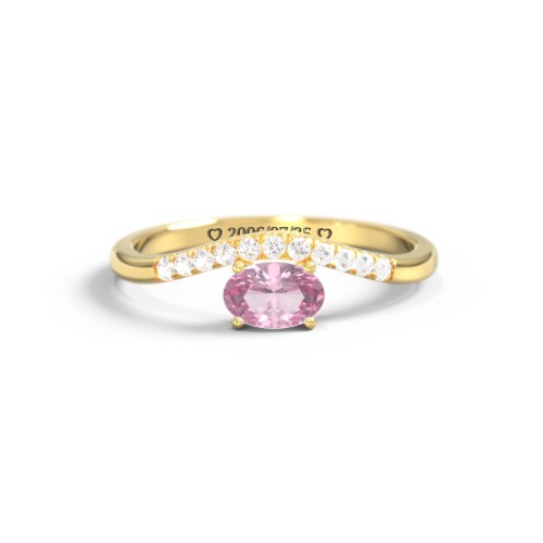 East-West Oval Gemstone Curved Ring with Accents – 10K Yellow Gold with Pink Tourmaline and Cubic Zirconia