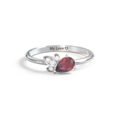 Pear Gemstone Ring with Leaf Motif Accent Stones – 18K Gold Plated Silver with Ruby and Cubic Zirconia