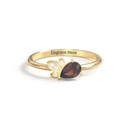 Pear Gemstone Ring with Leaf Motif Accent Stones in 18K Gold Plated Silver with Garnet and Cubic Zirconia