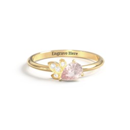 Pear Gemstone Ring with Leaf Motif Accent Stones in 18K Gold Plated Silver with Morganite and Cubic Zirconia