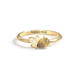 Pear Gemstone Ring with Leaf Motif Accent Stones in 18K Gold Plated Silver with Citrine and Cubic Zirconia