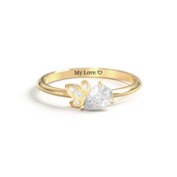 Pear Gemstone Ring with Leaf Motif Accent Stones in 18K Gold Plated Silver with Lab Diamond and Diamond