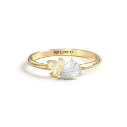 Pear Gemstone Ring with Leaf Motif Accent Stones – 18K Gold Plated Silver with Lab Diamond and Diamond